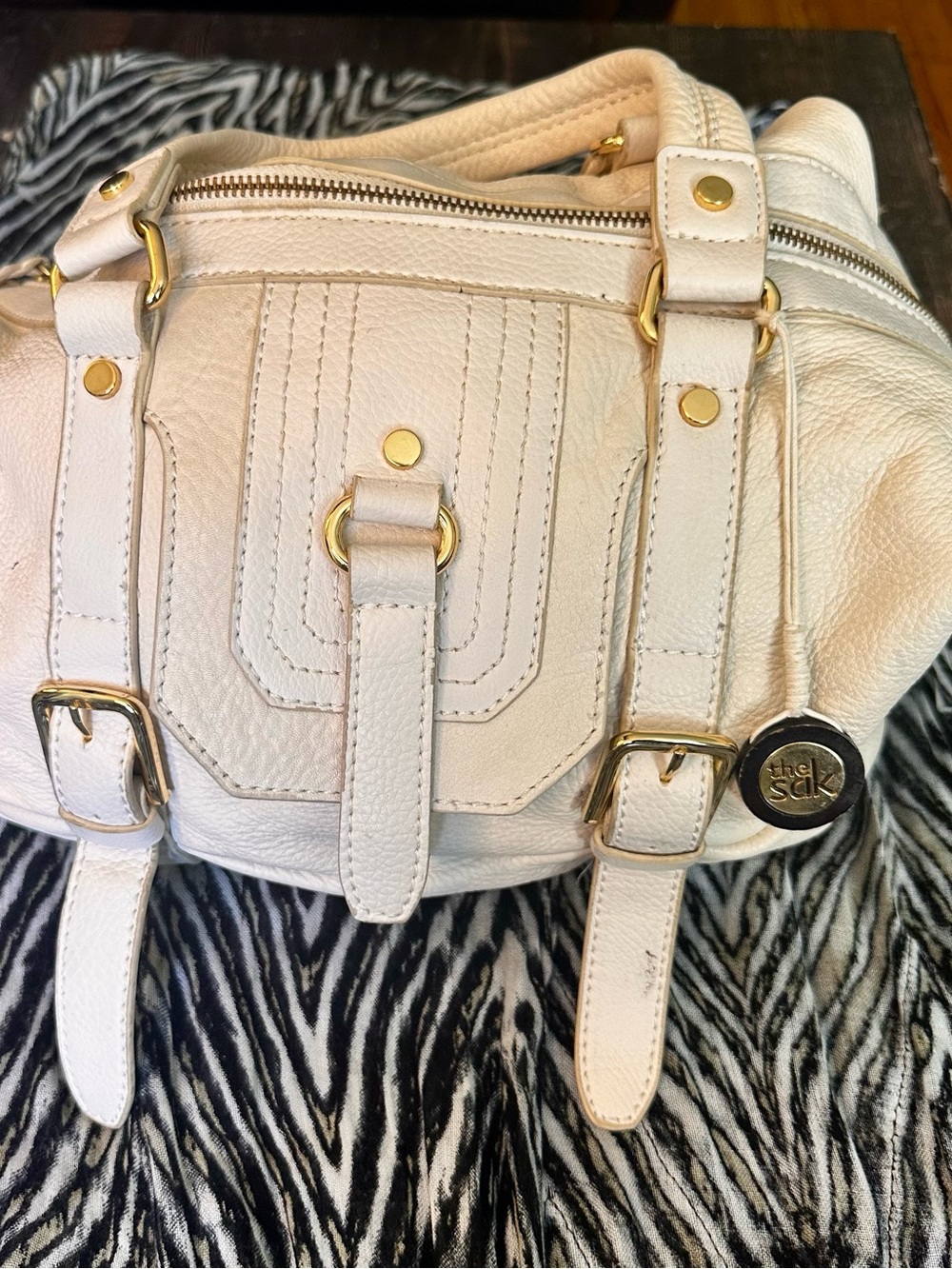 The Sac - White Leather Crossbody Bag with Illustrated Multicolor Lining